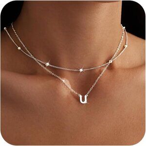 Dainty 14K Gold Initial Necklace Set - Layered Silver Choker for Elegant Women